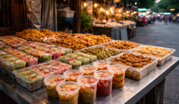 Aneka takjil dan jajanan UMKM di lapak Ramadhan Surabaya yang menjadi simbol perputaran ekonomi musiman selama bulan puasa.