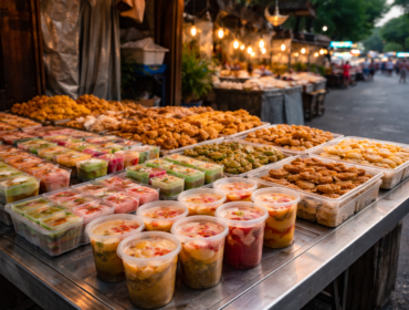 Aneka takjil dan jajanan UMKM di lapak Ramadhan Surabaya yang menjadi simbol perputaran ekonomi musiman selama bulan puasa. 