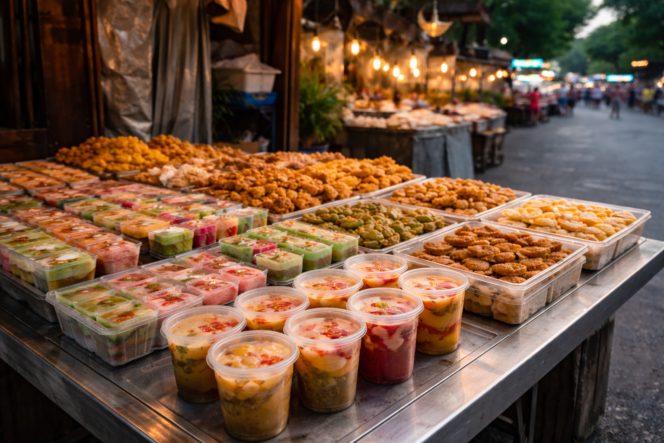 
					Aneka takjil dan jajanan UMKM di lapak Ramadhan Surabaya yang menjadi simbol perputaran ekonomi musiman selama bulan puasa. 