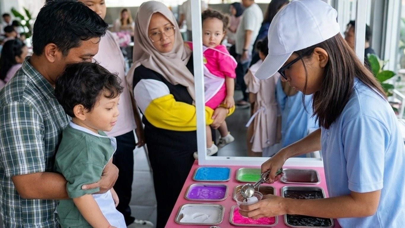 Seorang anak didampingi orang tua mengikuti aktivitas membuat slime berwarna dalam acara slime party interaktif di hotel Surabaya, dengan suasana ramai dan ramah keluarga