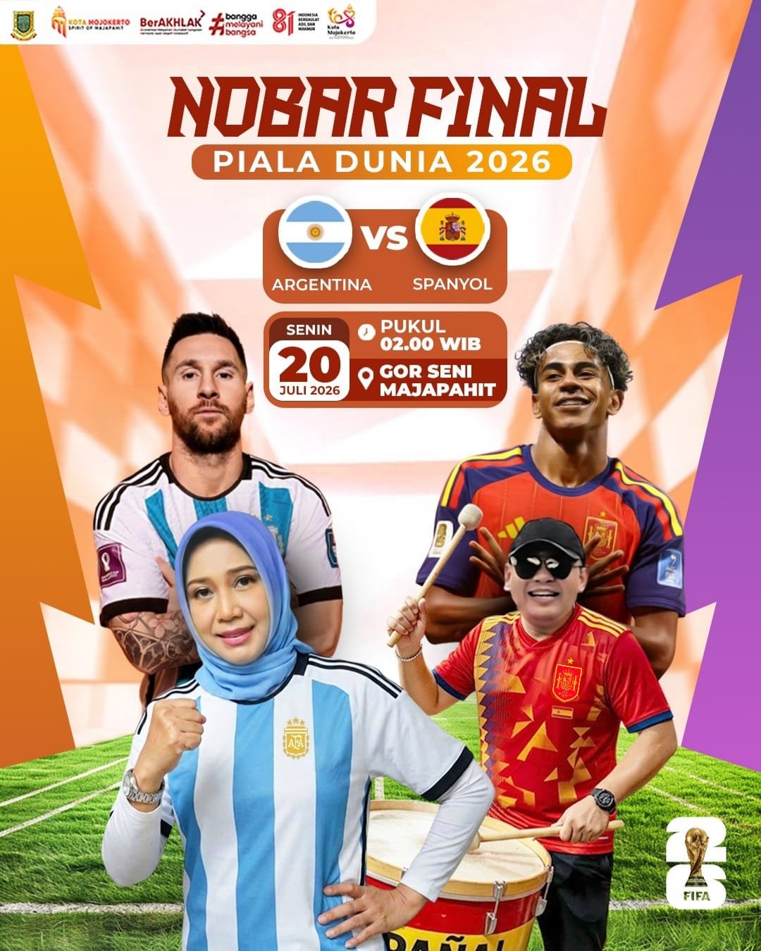 Wali Kota Mojokerto mengundang masyarakat mengikuti nobar Final Piala Dunia 2026 Argentina melawan Spanyol di GOR Seni Majapahit, Senin (20/07/2026).(Foto : Dok. Pemkot Mojokerto )