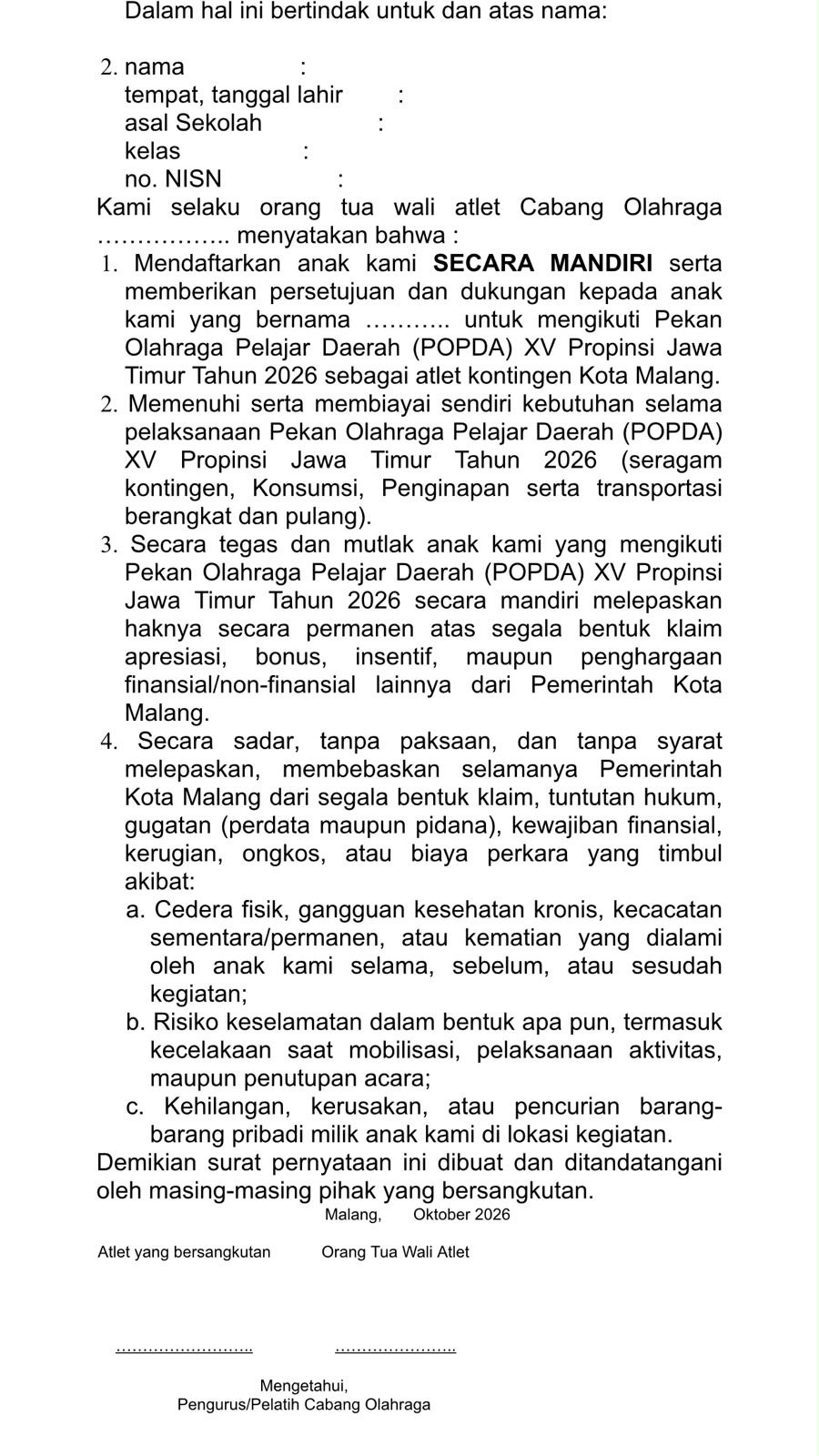 Surat pernyataan orang tua wali atlet POPDA XV Jawa Timur 2026 yang mengatur pembiayaan mandiri, pelepasan hak apresiasi, serta tanggung jawab risiko selama kegiatan.